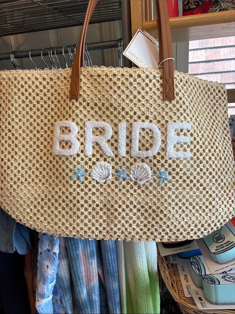 Beach BRIDE Straw Tote with White Embroidery and Tan Handles